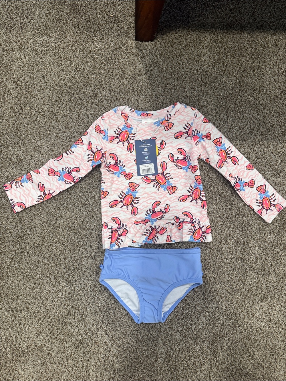 Ruffle Butts Pink Crab-Print Long-Sleeve Rashguard with Blue Swim Bottoms